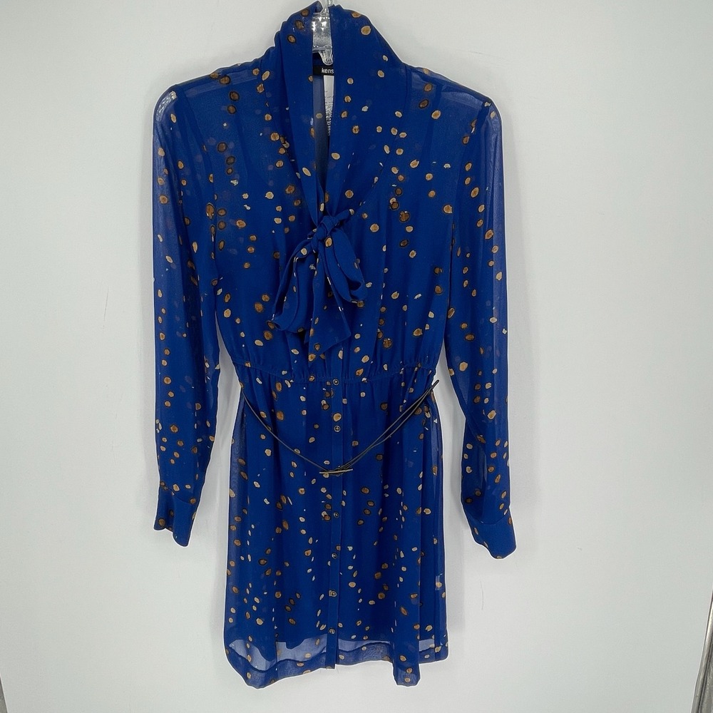 Kensie Women's Blue Polka Dot Tie Neck Sheer Long Sleeve Mini Shirt Dress Size S
